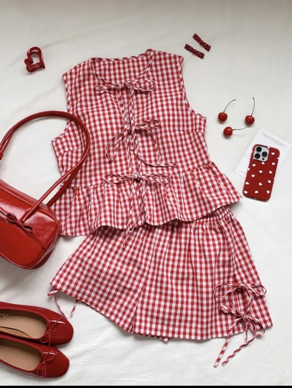 Red Gingham Tie-Back Women’s Bermuda Shorts Set - Unbranded - Picture 2 of 8